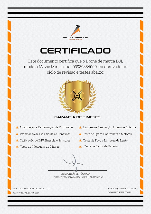 certificado de revisão de drone usado da Futuriste