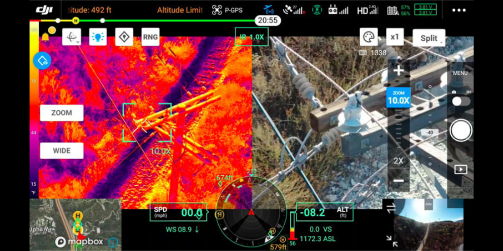 Drone capturando dados em tempo real com sensores térmicos em uma torre de alta tensão. 