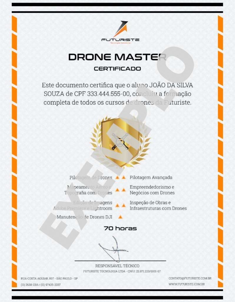 Certificado curso de drone Formação Drone Master