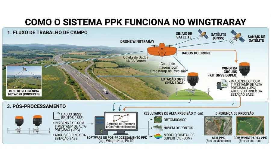 Infográfico do esquema de funcionamento do PPK com WingtraRay + Wingtra Ground